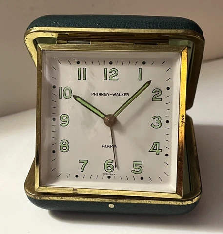 Phinney Walker Green Travel Alarm Clock ~ Germany, Works except Second Hand Cover