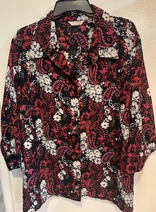White Stag Womens Button Blouse Black Pink White Floral PaisleySilver Glitter 4X - Picture 1 of 6