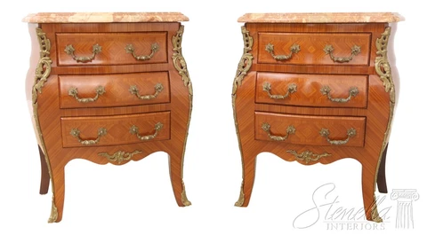 54978EC: Pair French Louis XV Style Marble Top Commode Nightstands Cover