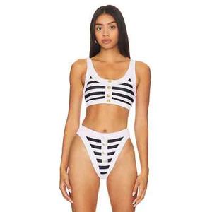 Beach Riot Revolve Swim Bikini Top Isle Nautical Striped Button Black White XS - Picture 1 of 7
