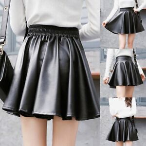 Glossy Flared Skirt Women's PU Leather Short Skirt Elastic Waist Pleated
