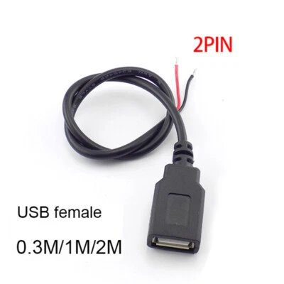USB 2.0 A Female Jack Connector 2 Pin Power Cable Charging Wire 5V DIY 0.3/1/2M - Image 1 of 4