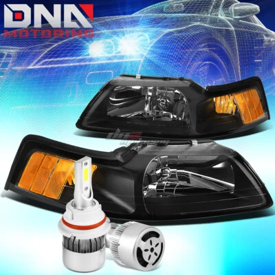 FARO CARCASA NEGRO ÁMBAR ESQUINA + LED BLANCO 9007 OCULTO CON VENTILADOR AJUSTE 99-04 MUSTANG Foto 1 de 4