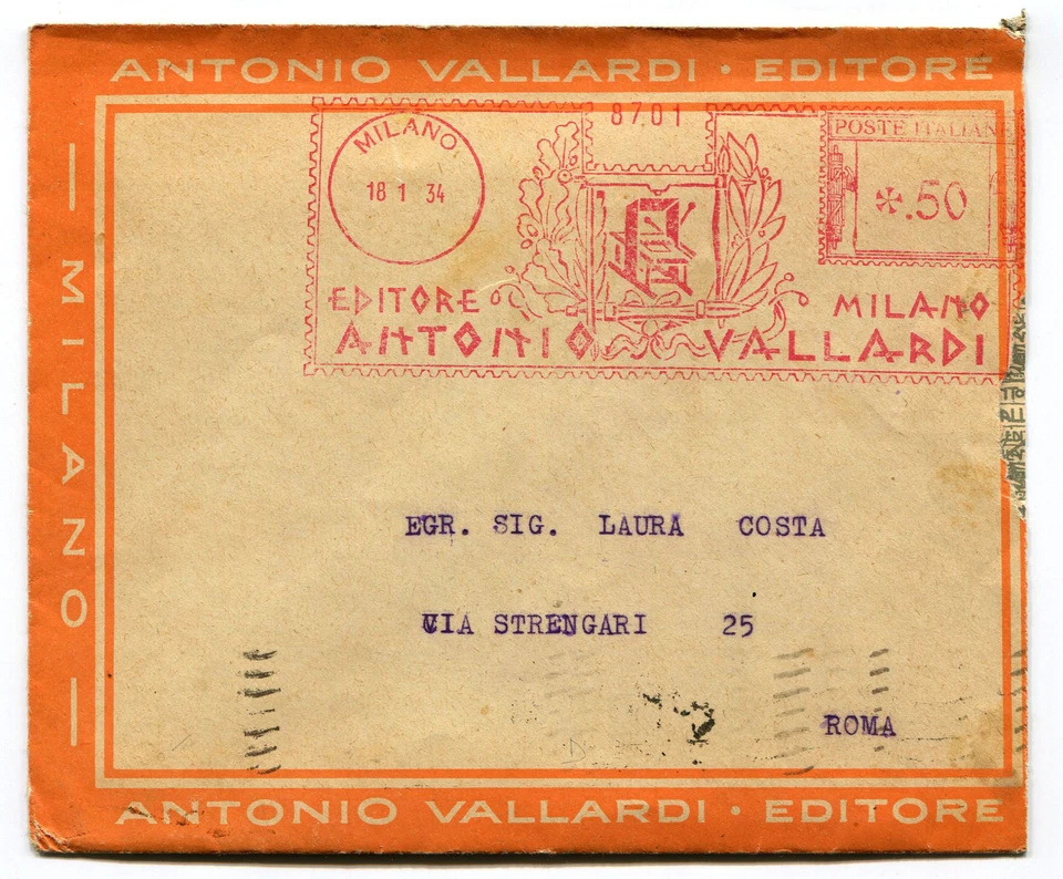 BUSTA INTESTATA, ANNULLO ROSSO EDITORE A. VALLARDI MILANO, 1934     m - Immagine 1 di 1