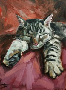 Original Oil Painting Sleeping Tabby Cat 11x8" Signed by the Artist - Picture 1 of 7