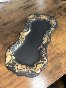 Pennsylvania Dutch Style AntiqueSteel Tray 9.25x4.5in Black Gold Leaf Curved Des - Picture 1 of 9