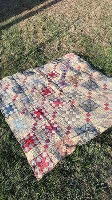 Antique American Calico Patchwork Quilt, 19th Century 73” x 70” AAFA Heavy Wear - Image 1 of 4