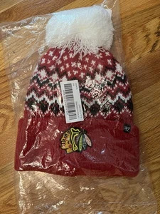 NWT Chicago Blackhawks Knit Hat W/ Pom '47 Brand Women Black Red White OSFM - Picture 1 of 2