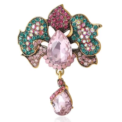 Broche flor orquídea vidrio rosa dorado vintage estrás prendedor naturaleza joyería regalo Foto 1 de 4