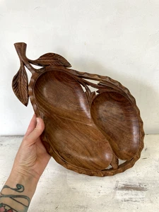Plato de hoja decorativo centro de mesa de madera tallado a mano nueces fruta cosecha vintage - Imagen 1 de 8