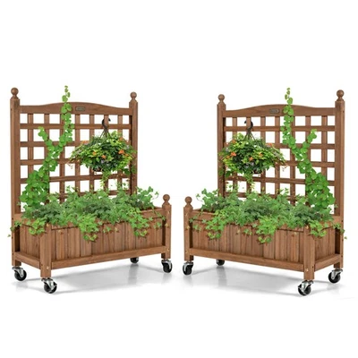 Maceta de madera de 32 pulgadas de 2 piezas con cama elevada móvil Trellis para planta trepadora Foto 1 de 4