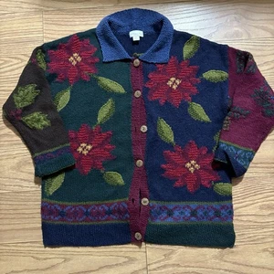 Vintage Strick Northern Isles Winter Knopfleiste Pullover Blumen Winter Medium - Bild 1 von 6