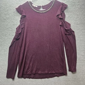 Maurices Women Sz M Cold Shoulder Ruffle Knit Pullover Top Long-Sleeve Burgundy - Picture 1 of 7