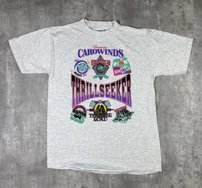 Camiseta promocional vintage Paramount Parks Thrillseeker parque temático tamanho L anos 90 EUA - Imagem 1 de 4