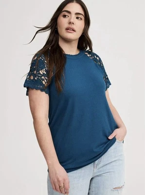 NWT TORRID Blue Textured Crochet Sleeve Raglan Top Women’s Size Large (0) (12) - Image 1 of 4