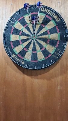 Vintage WINMAU British official dart board with 3 darts used & new scoreboard. - Image 1 of 4
