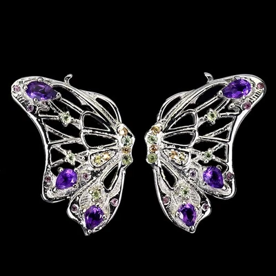 925 Sterling Silver Earrings Pear Amethyst Peridot Gemstone Butterfly Jewelry - Image 1 of 4