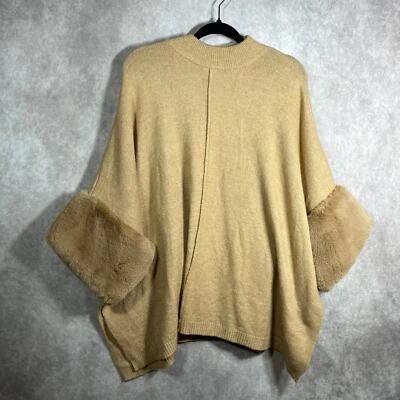 Boston Proper Poncho Sweater Womens M//L Brown Knit Faux Fur Cuffs Mock Neck - Image 1 of 4