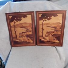 Pair 2 Vintage Wood Picture Marquetry Inlaid Italian Inlay Italy Coast Art