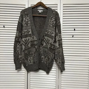 COLLECTIF ITALY VTG Wool Blend Cardigan Gray Brown Sweater Grandpa XL Y2K Retro - Picture 1 of 11