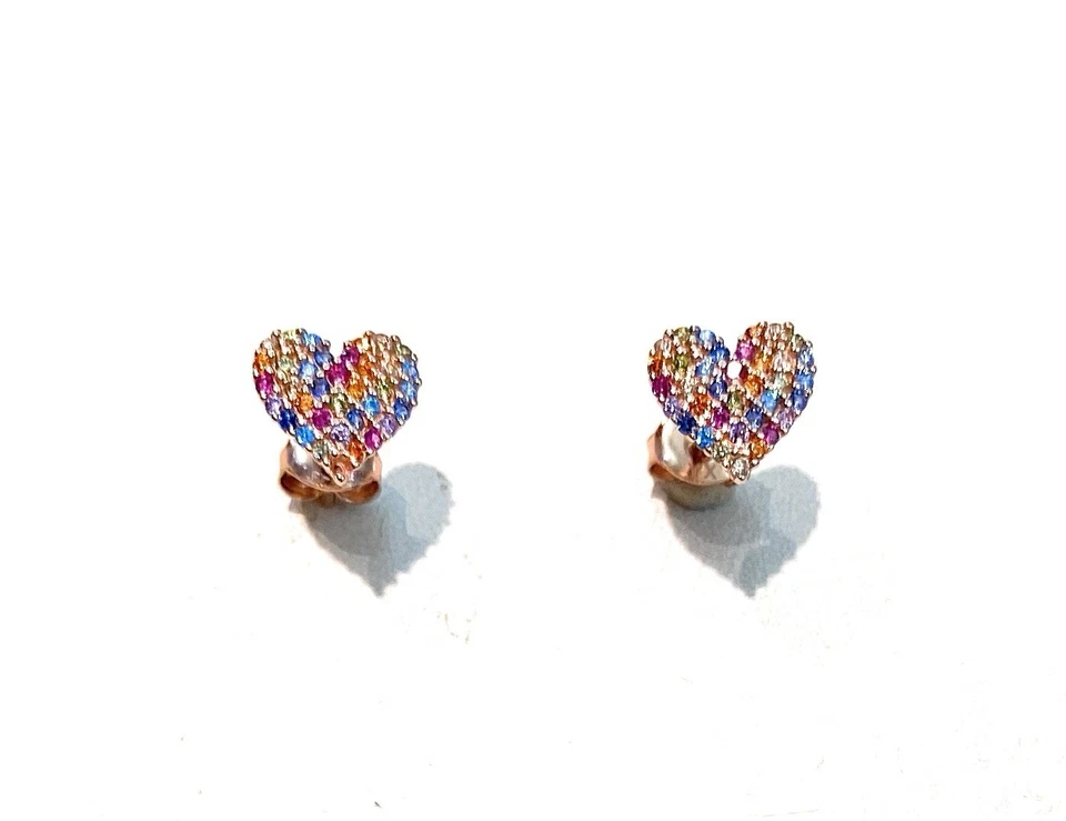 Orecchini Lobo Cuore Argento 925 Rosé con Zirconi Multicolor Eleganti Donna - Immagine 1 di 3