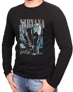 T-shirt nera Kurt Cobain Nirvana musica rock magliette maniche lunghe -1027 -LA - Foto 1 di 2