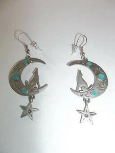 COYOTE HALF MOON TURQUOISE PIERCED EARRINGS 1988 - Picture 1 of 2