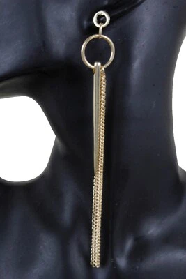 Mujeres Moda Joyería Gancho Pendientes Conjunto Cadena Metal Dorado Cuerno Largo Pico Dije Foto 1 de 4