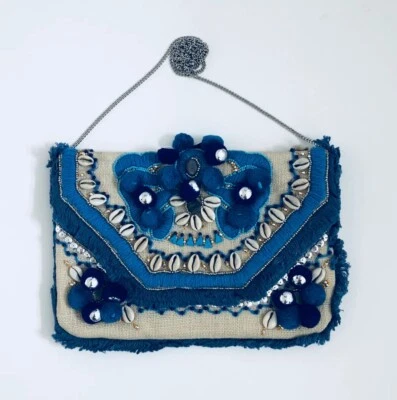 Nuevo bolso de mano/bolso Kaela de yute/algodón bordado a mano conejo con cadena azul Foto 1 de 4