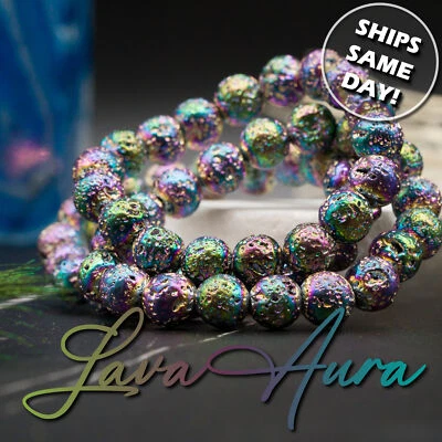 Rainbow Aura Lava Stone Crystal Bracelet Stackable Colorful Handmade Jewelry - Image 1 of 4