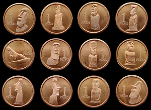 EASTER ISLAND - RAPA NUI - CHILE 12 X 1 PESO 2021 SET MOAI MONUMENTS COPPER UNC - Picture 1 of 2