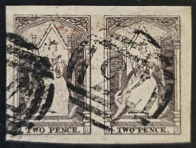 VICTORIA 1852 Usado Imperf 2d Púrpura Marrón Par Sin Marcar Tipo Número 73 En muy buen estado Foto 1 de 2