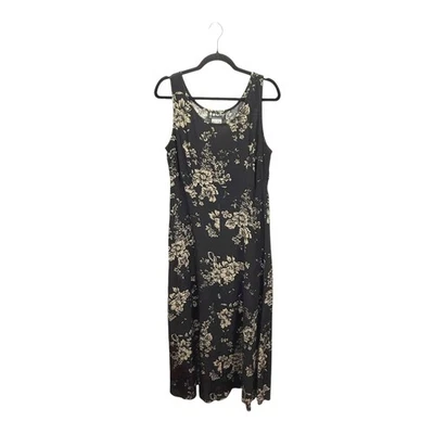 Vtg All That Jazz Sz 9/10 Dress Floral Print Black Beige Sleeveless Midi Lace Up - Image 1 of 4
