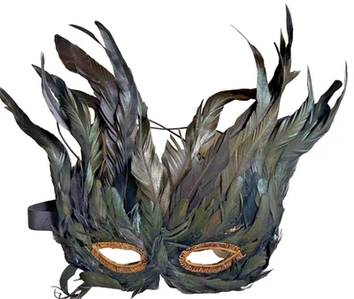Masquerade Eye Mask Costume Mardi Gras Black & Green Feathers w/Elastic Handmade - Image 1 of 4