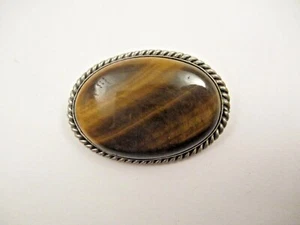 Vintage Tiger's Eye Stone Silver Plated Brooch Pin Braided Edge Mother of Pearl - Picture 1 of 4