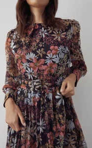 Warehouse Belted Pleat Floral Midi Dress Black Long Sleeve BNWT UK 6. RRP £89! - Picture 1 of 8