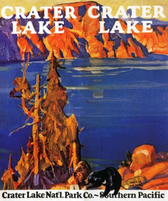 CRATER LAKE NATIONAL PARK DEEP BLUE WATER BEARS OREGON USA VINTAGE POSTER REPRO - Image 1 of 3