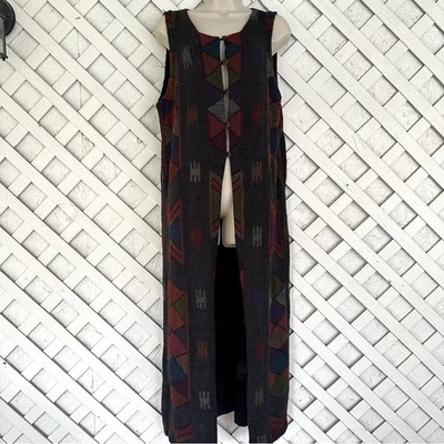 MILLMA BOLIVIA Alpaca Colorful Geometric Print Long Vest Cardigan Duster Lg flw - Image 1 of 4