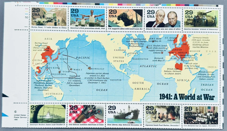 SoCo Stamps US Sc #2559- WORLD WAR II -1941: A World at War pane plate block MNH - Image 1 of 1