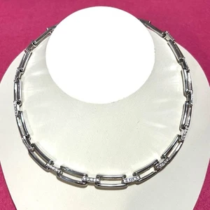 VTG Silver Tone Necklace Collar Rectangle Link Chain Rhinestone 17” Minimalist - Picture 1 of 8