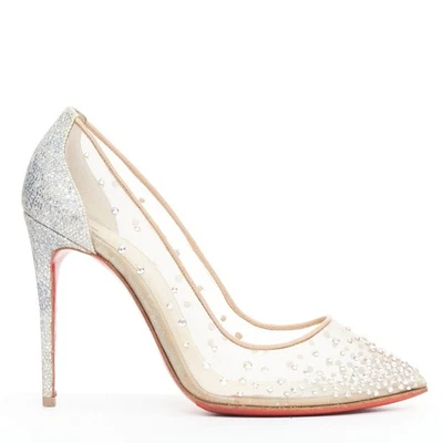 CHRISTIAN LOUBOUTIN Follies 100 malla transparente plata strass bomba nupcial EU35.5 Foto 1 de 4
