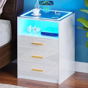 White Bedside Table with Wireless Charging Station LED Nightstand - Picture 1 of 3