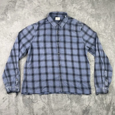 Camisa masculina AG Adriano Goldschmied grande xadrez azul com franja de botão desgastada - Imagem 1 de 4