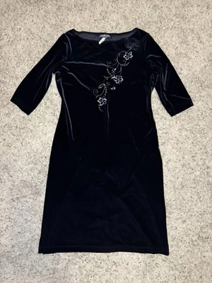 Vtg Y2K 90 Black Velvet Mid Dress Whimsigoth Fairy Grunge Embroidered Holiday 12 - Image 1 of 4