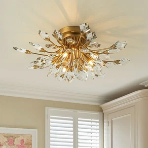Luxury Modern 4-Light Sputnik Crystal Accents Gold SemiFlush Mount Ceiling Light - Picture 1 of 10