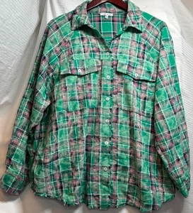 White Birch Womens L Plaid Flannel Button Down Shirt Green Pink Raw Hem - Picture 1 of 11