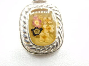Vintage 925 Sterling Silber Lucite Trockenblumen Anhänger & Seil Kette Halskette - Bild 1 von 6