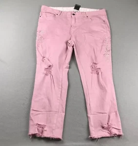 Avenue Pants Womens 20 Pink Denim Floral Embroidery Ripped Stretch Straight NWT - Picture 1 of 16
