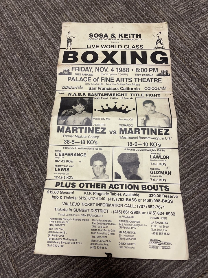 Vintage 1988 Pat Lawlor  Alberto Martinez Fight Boxing Flyer 21 X 10.5” Poster - Image 1 of 4