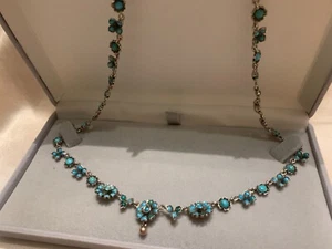 Antique Art Nouveau turquoise necklace silver gold plated flowers blossoms 1890 - Picture 1 of 5